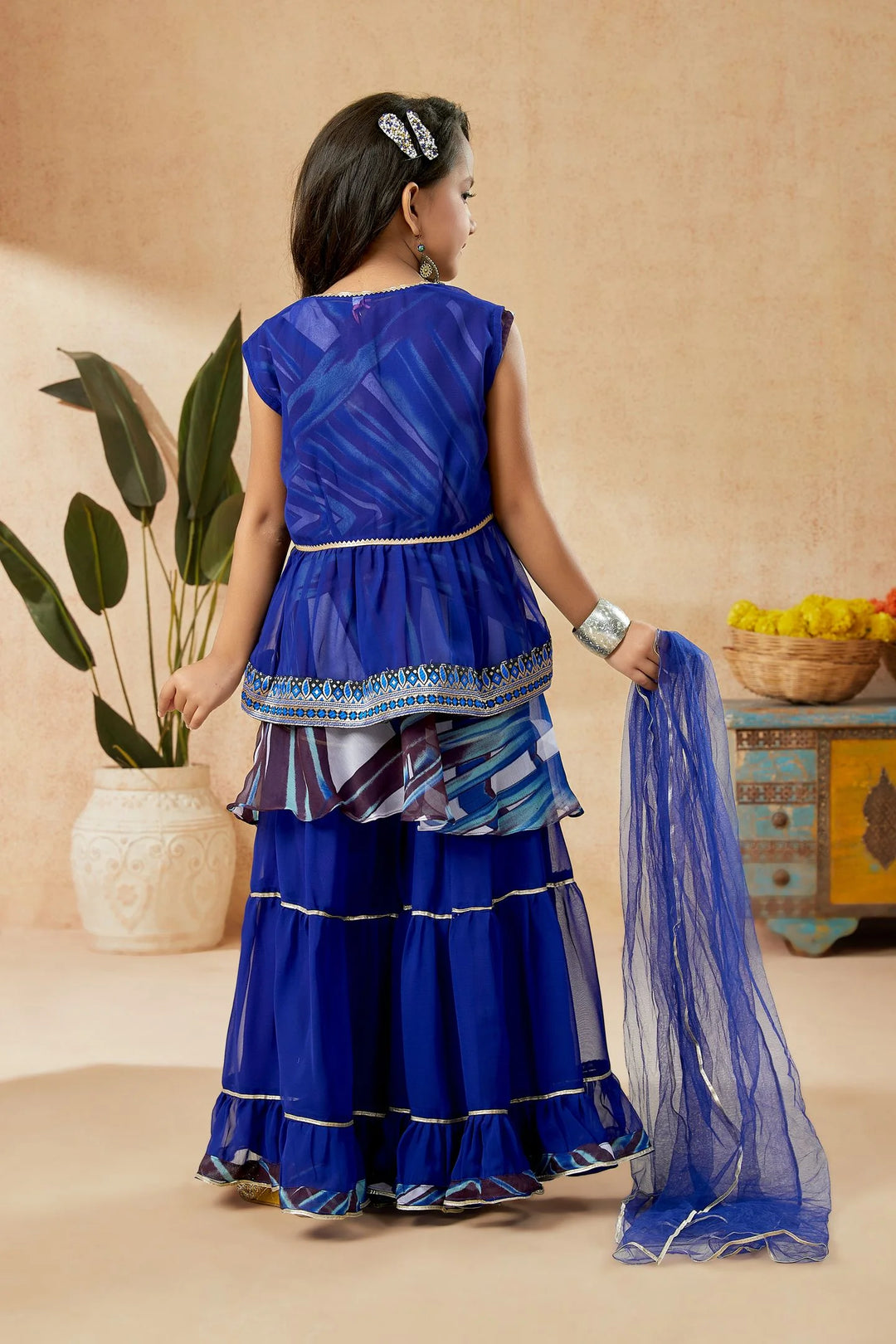 Blue Embroidered Georgette Straight Kids Salwar Suit