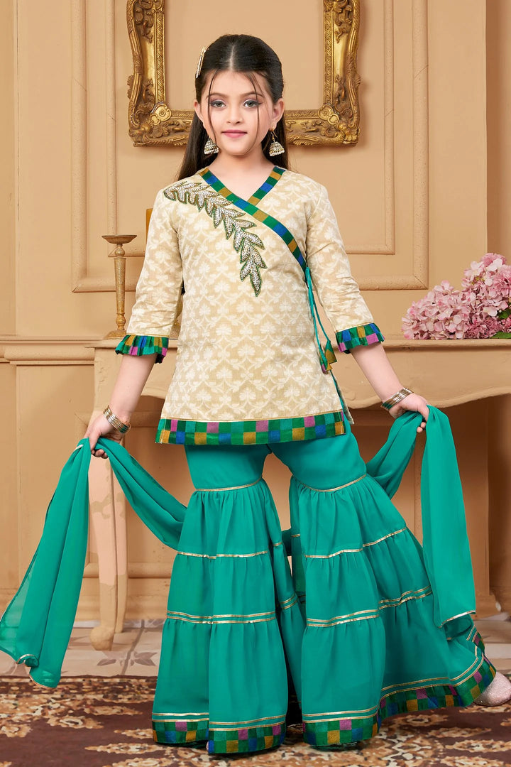 Beige Embroidered Georgette Straight Kids Salwar Suit