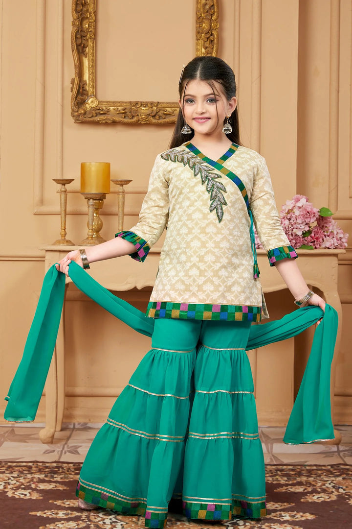 Beige Embroidered Georgette Straight Kids Salwar Suit