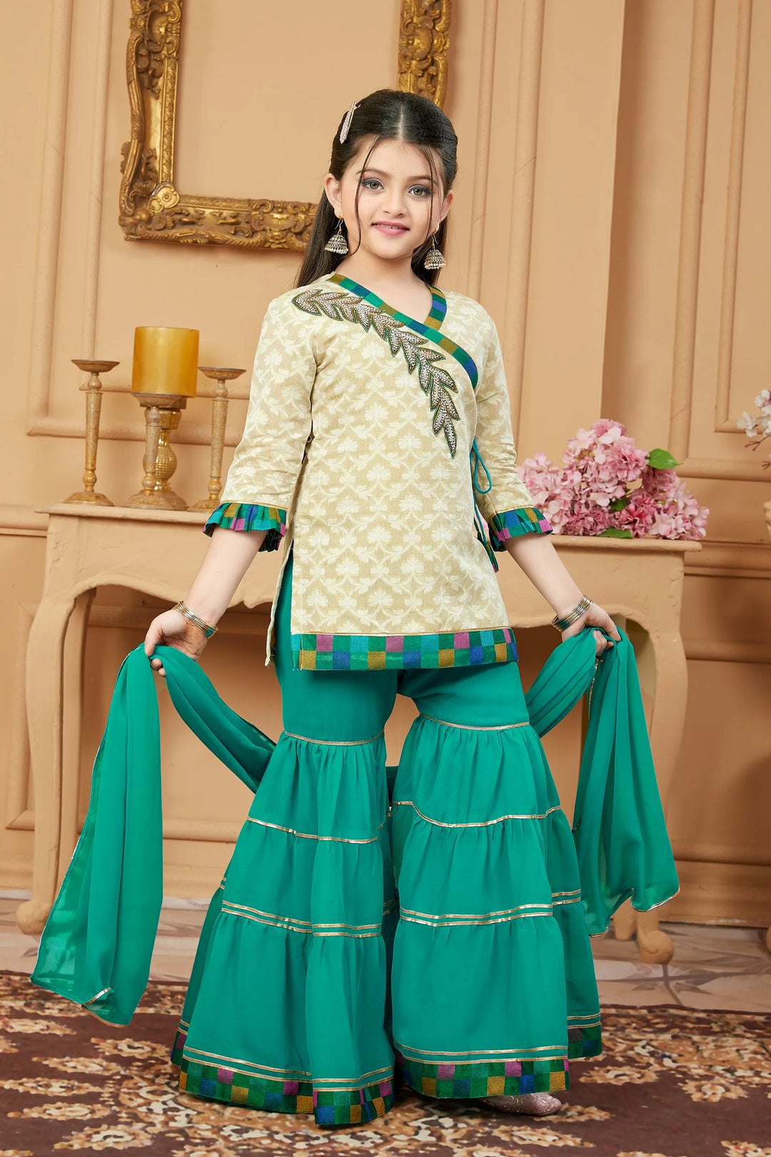 Beige Embroidered Georgette Straight Kids Salwar Suit
