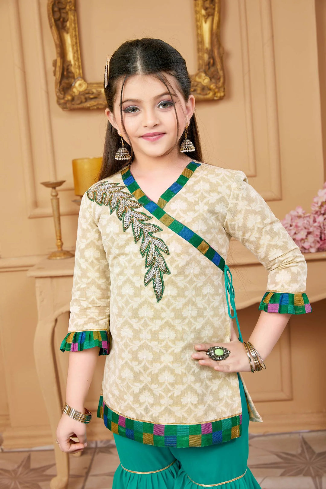 Beige Embroidered Georgette Straight Kids Salwar Suit
