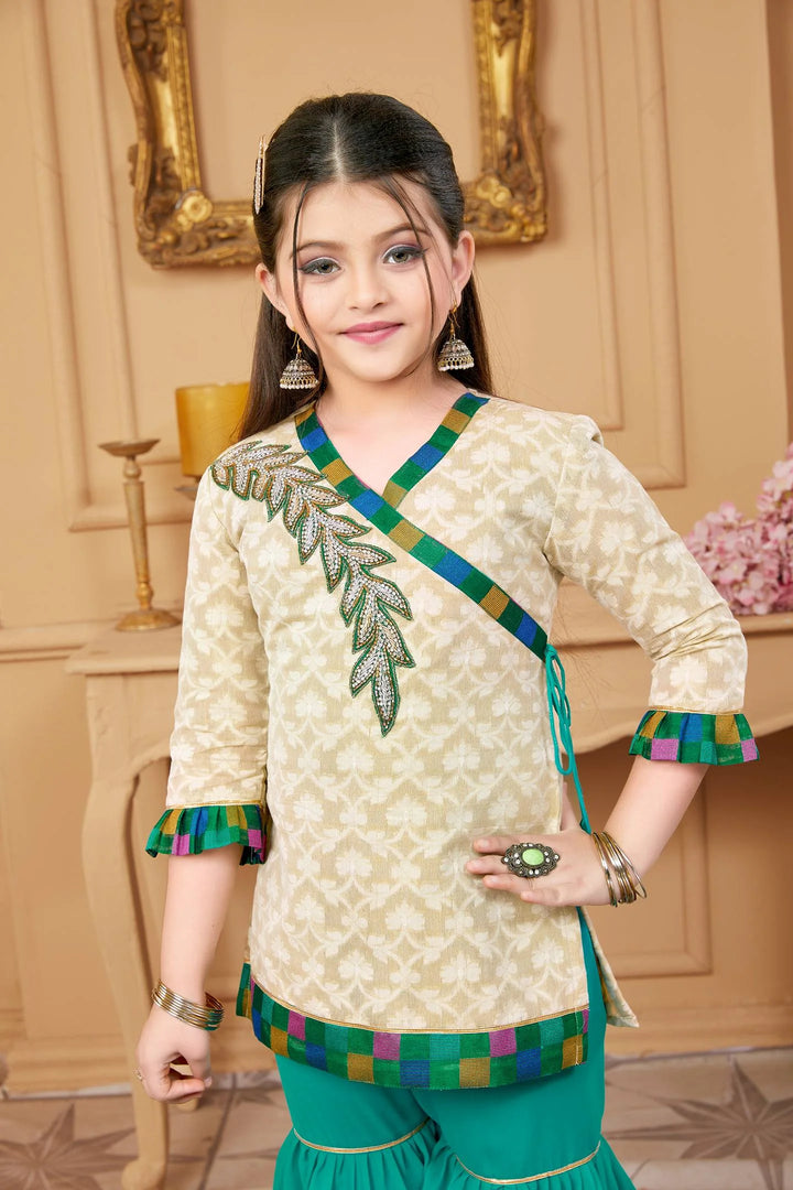 Beige Embroidered Georgette Straight Kids Salwar Suit