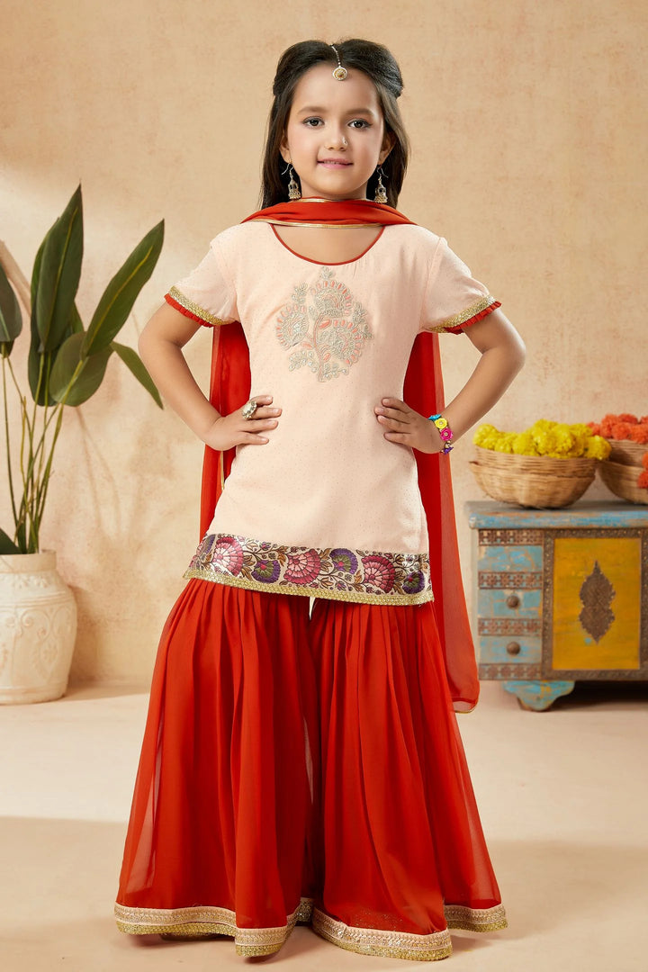 Peach Embroidered Georgette Straight Kids Salwar Suit