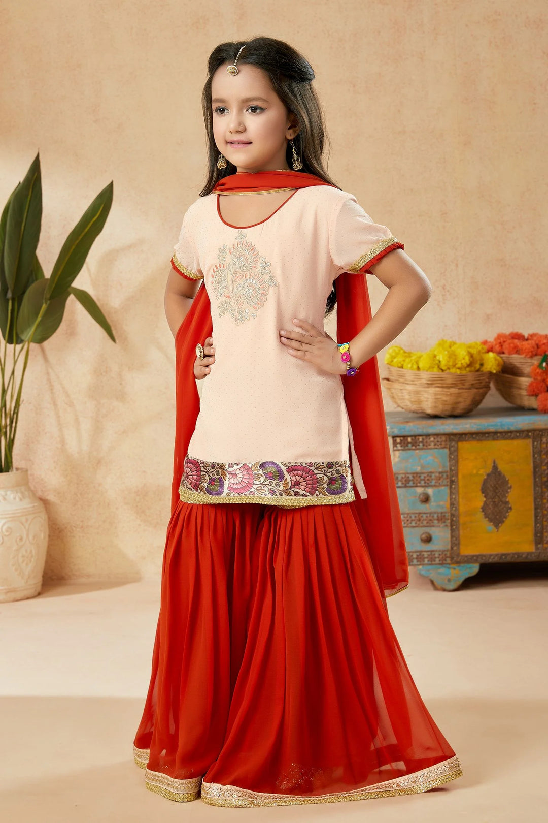 Peach Embroidered Georgette Straight Kids Salwar Suit