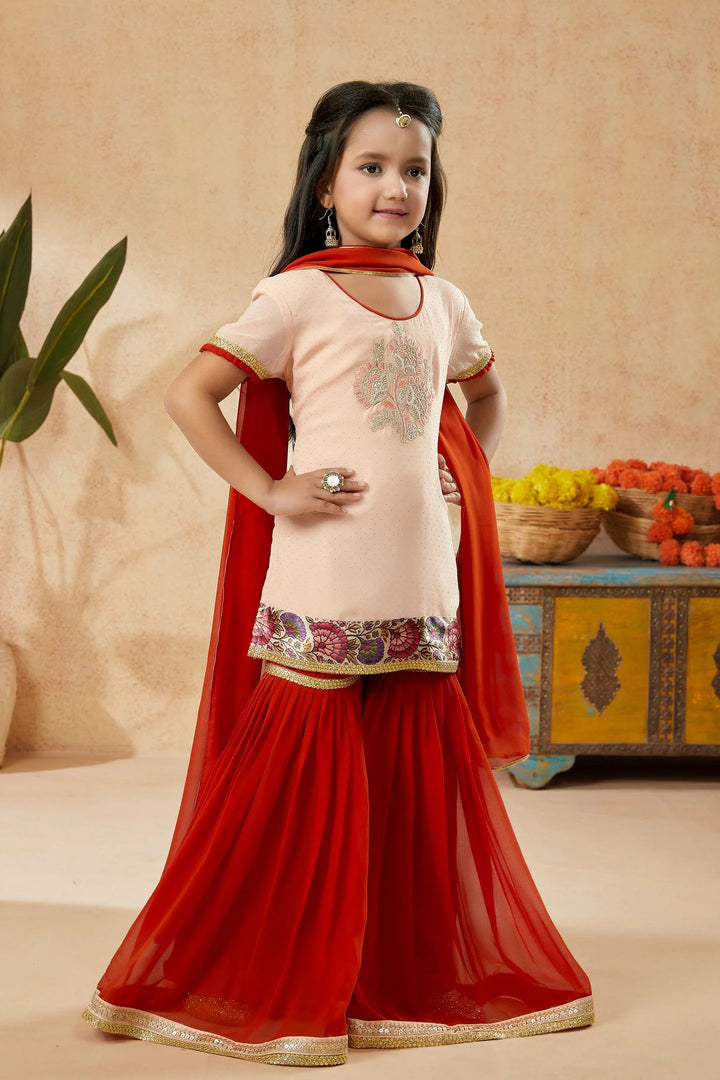 Peach Embroidered Georgette Straight Kids Salwar Suit