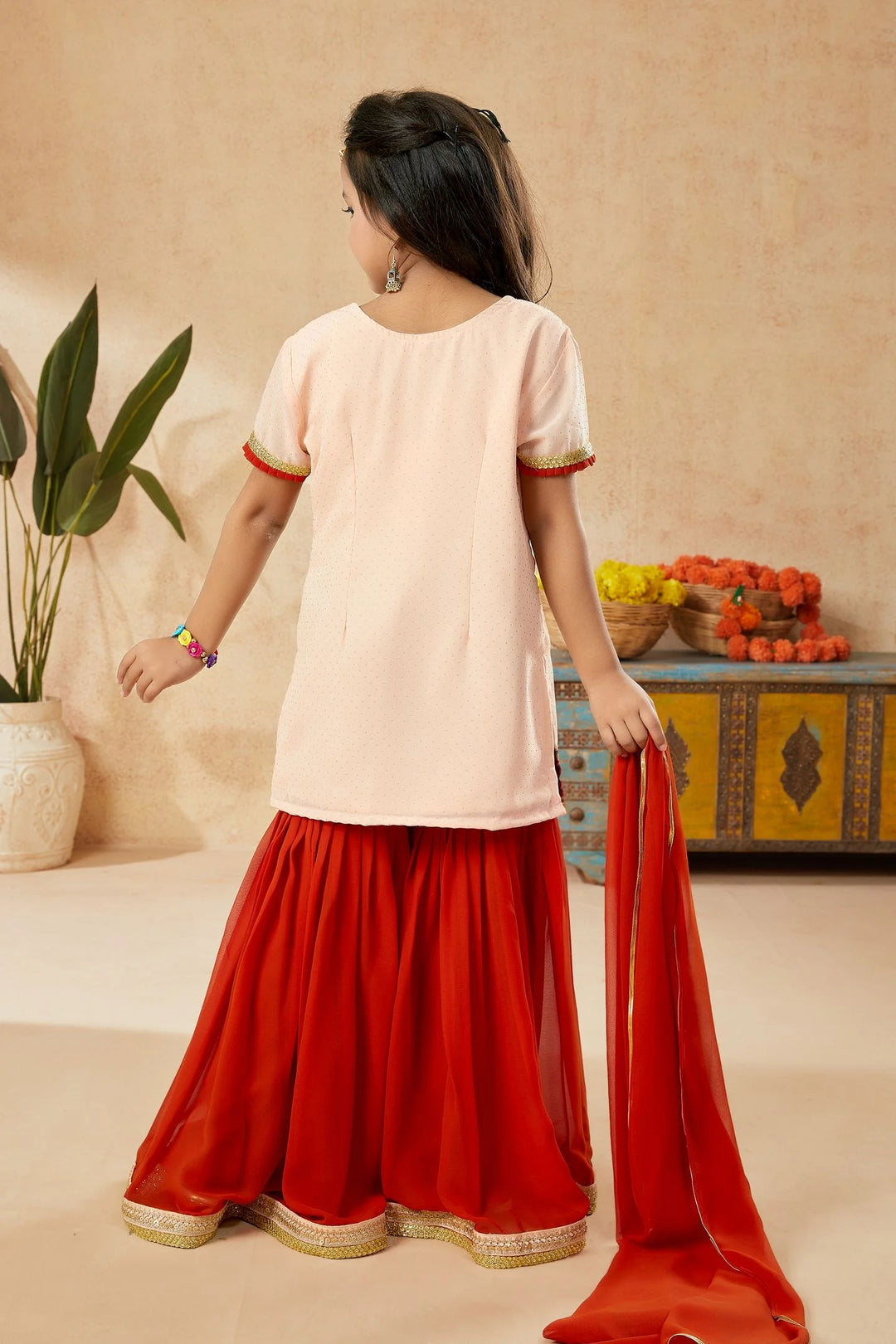 Peach Embroidered Georgette Straight Kids Salwar Suit