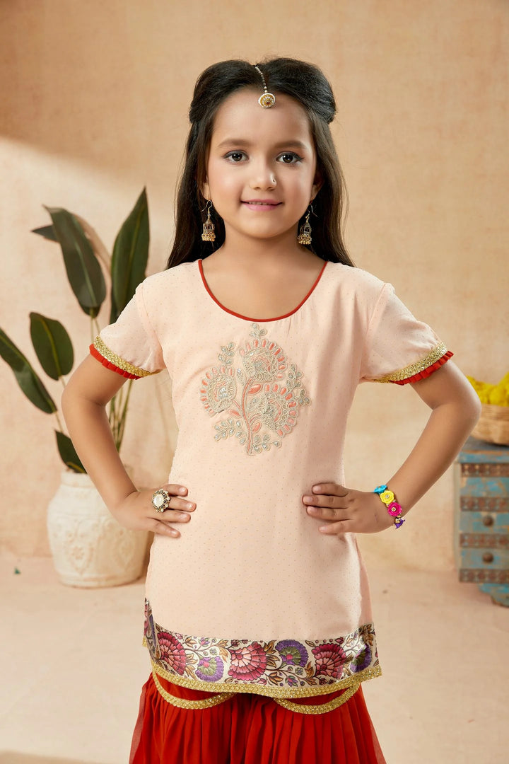 Peach Embroidered Georgette Straight Kids Salwar Suit