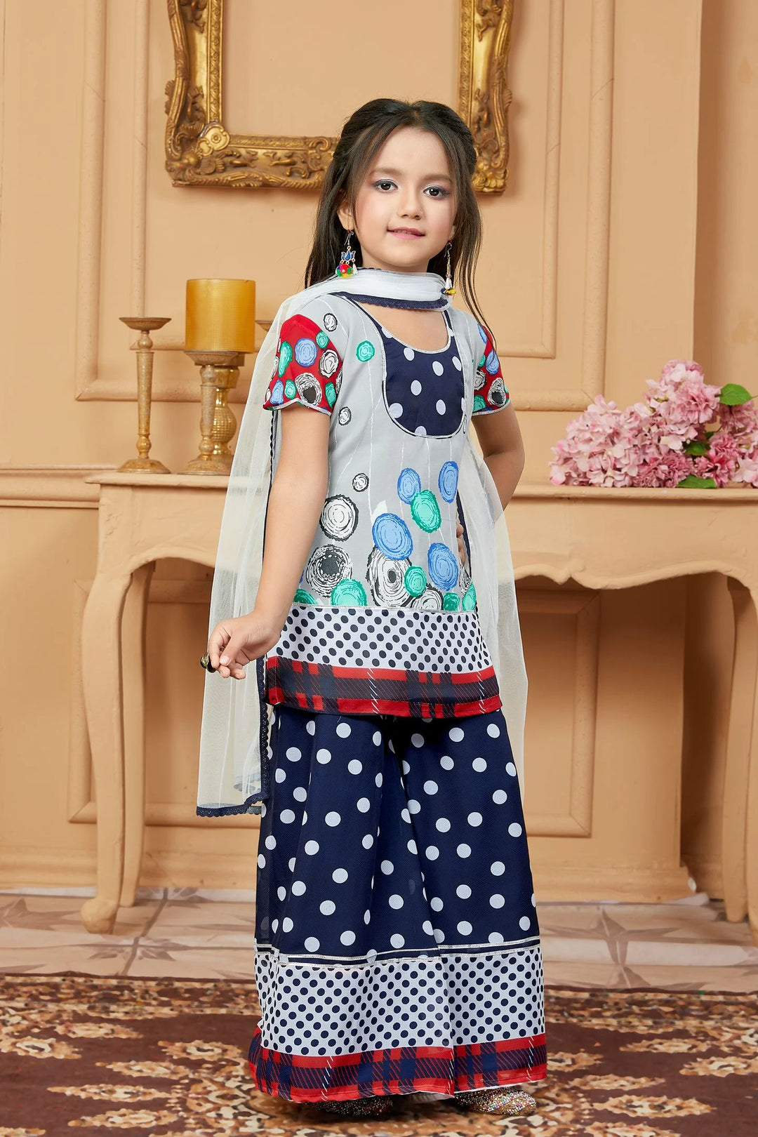 Gray Printed Georgette Straight Kids Salwar Suit
