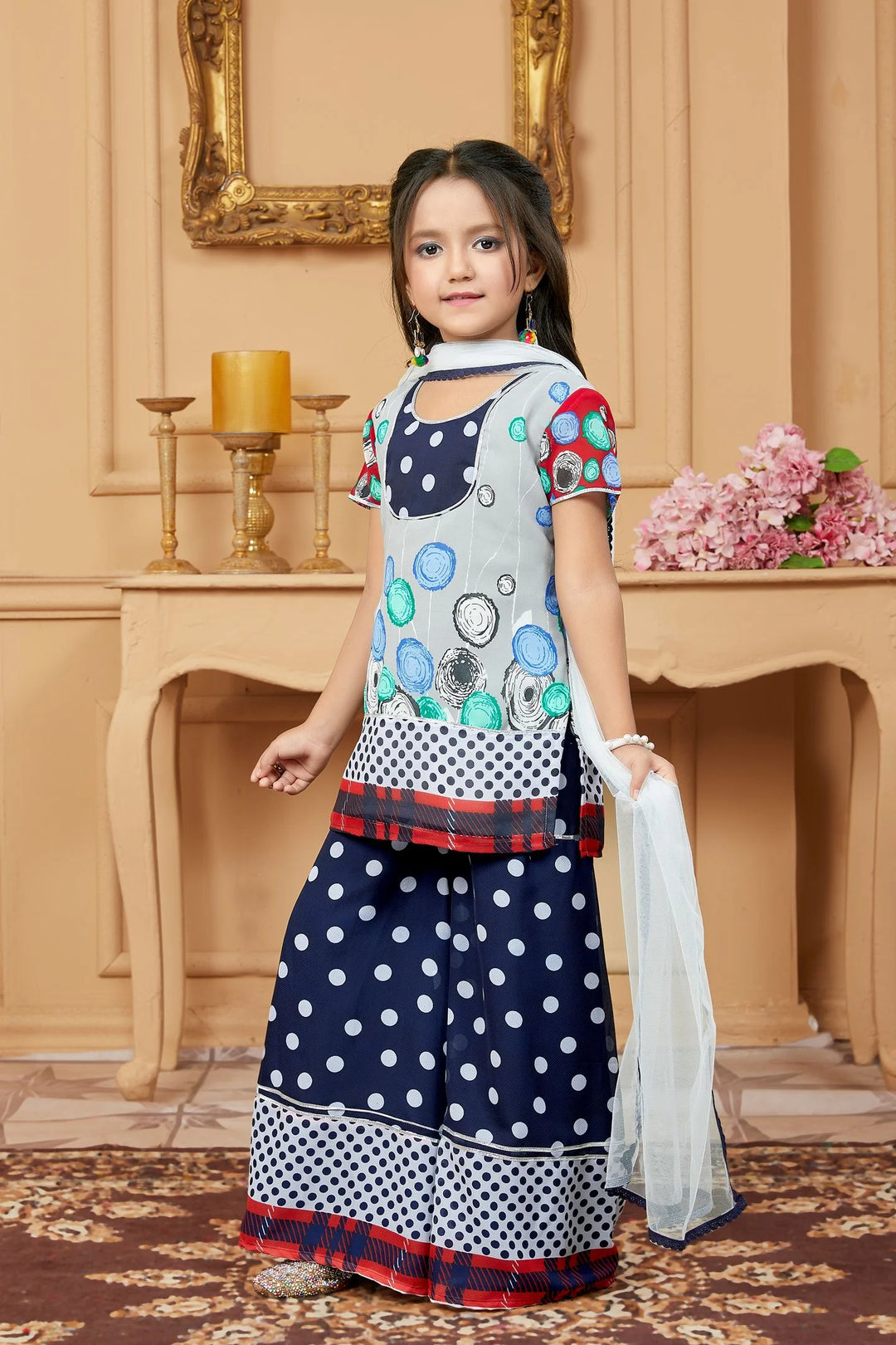 Gray Printed Georgette Straight Kids Salwar Suit