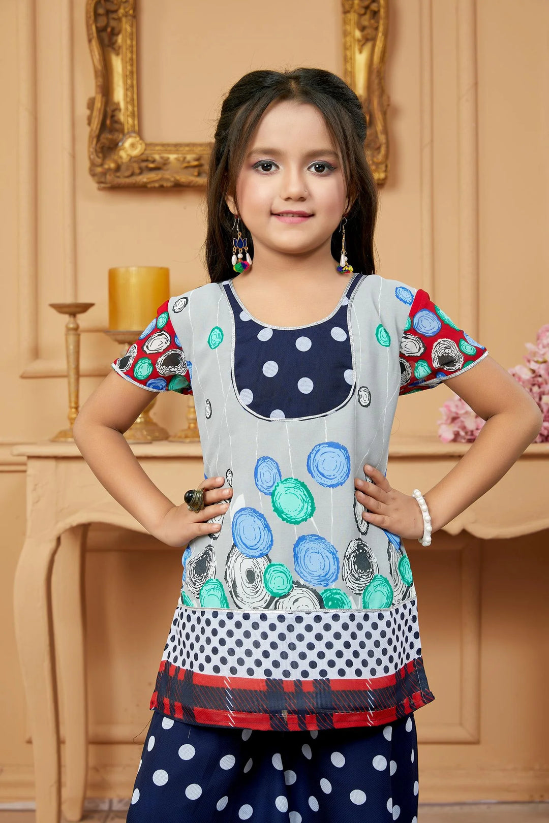 Gray Printed Georgette Straight Kids Salwar Suit
