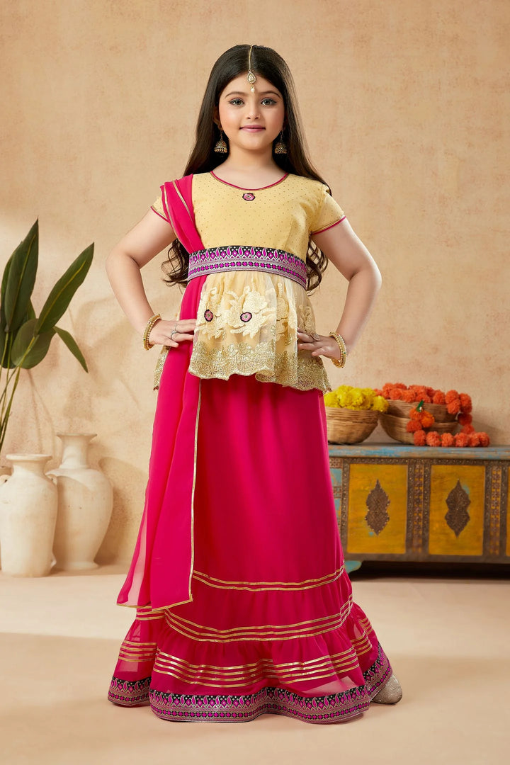 Beige Shimmer Georgette A Line Kids Lehenga Choli Dupatta