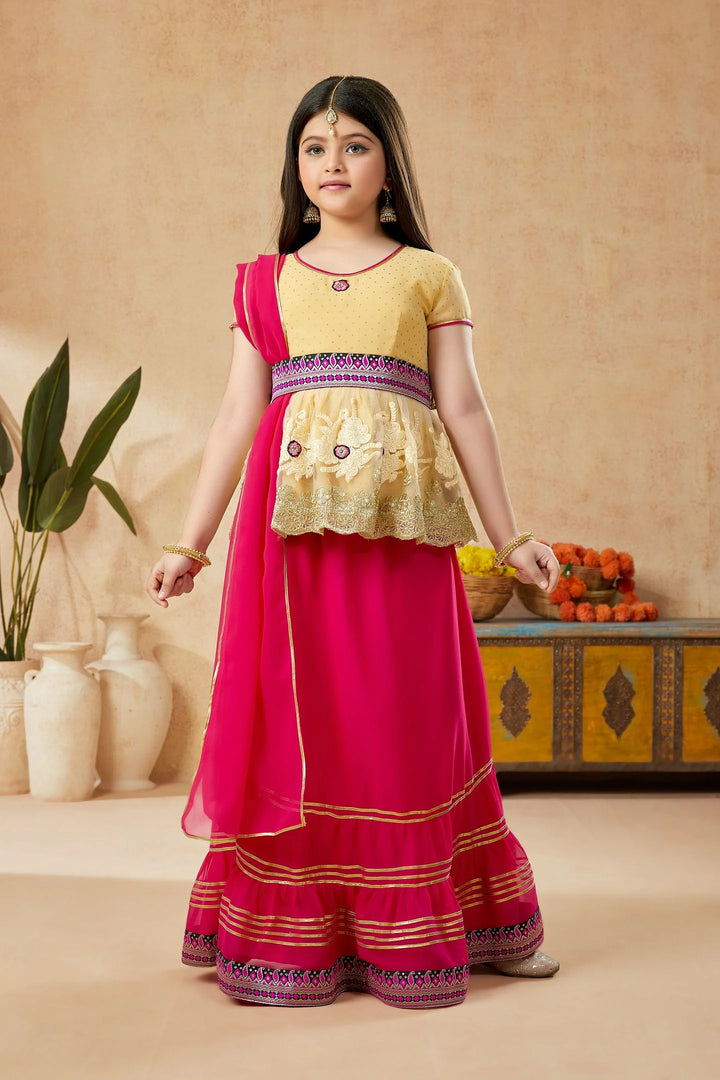 Beige Shimmer Georgette A Line Kids Lehenga Choli Dupatta