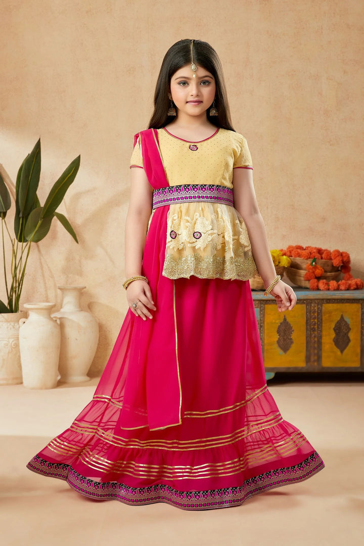 Beige Shimmer Georgette A Line Kids Lehenga Choli Dupatta