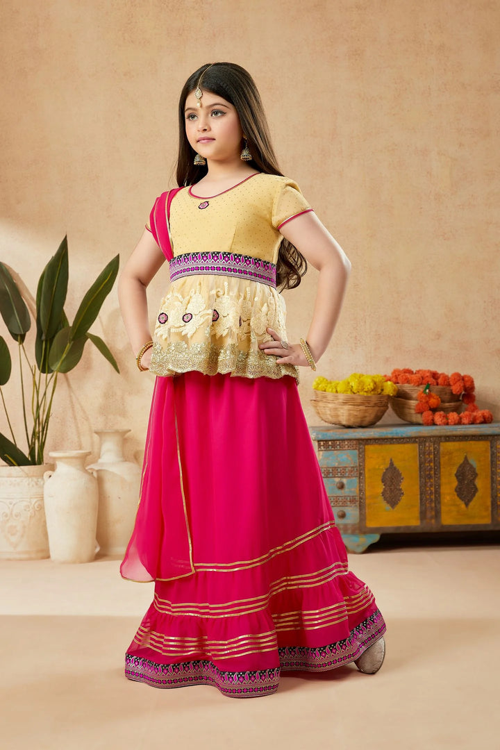Beige Shimmer Georgette A Line Kids Lehenga Choli Dupatta