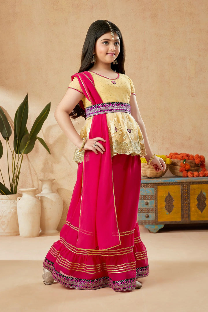 Beige Shimmer Georgette A Line Kids Lehenga Choli Dupatta