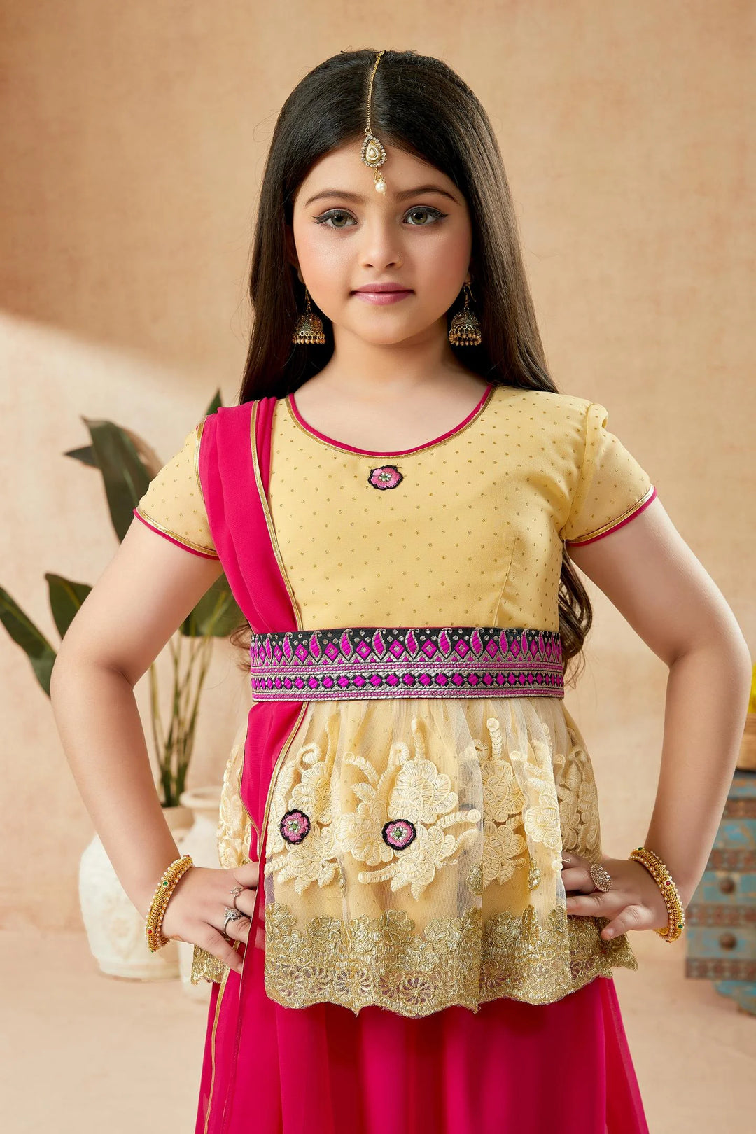 Beige Shimmer Georgette A Line Kids Lehenga Choli Dupatta