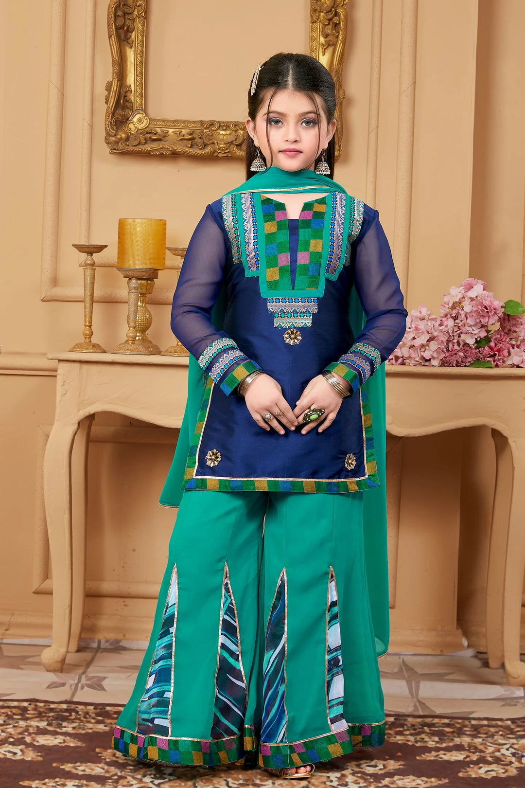 Midnight Blue Cotton Silk Straight Kids Salwar Suit
