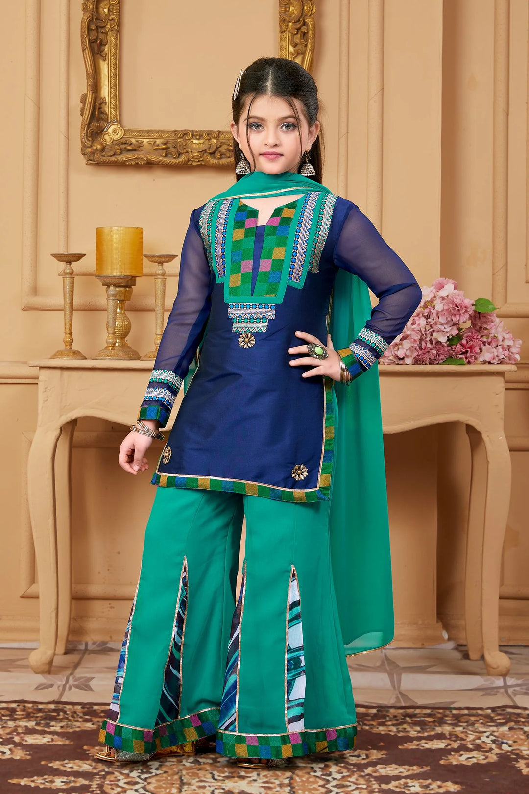Midnight Blue Cotton Silk Straight Kids Salwar Suit