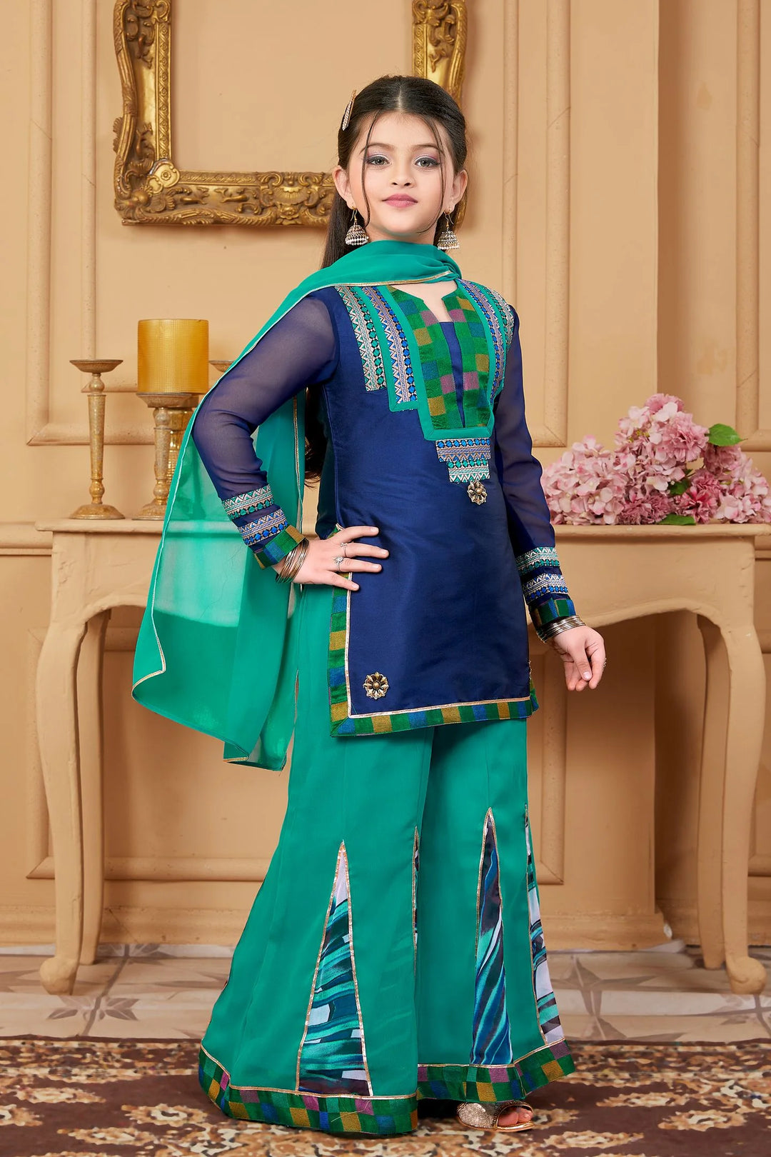 Midnight Blue Cotton Silk Straight Kids Salwar Suit