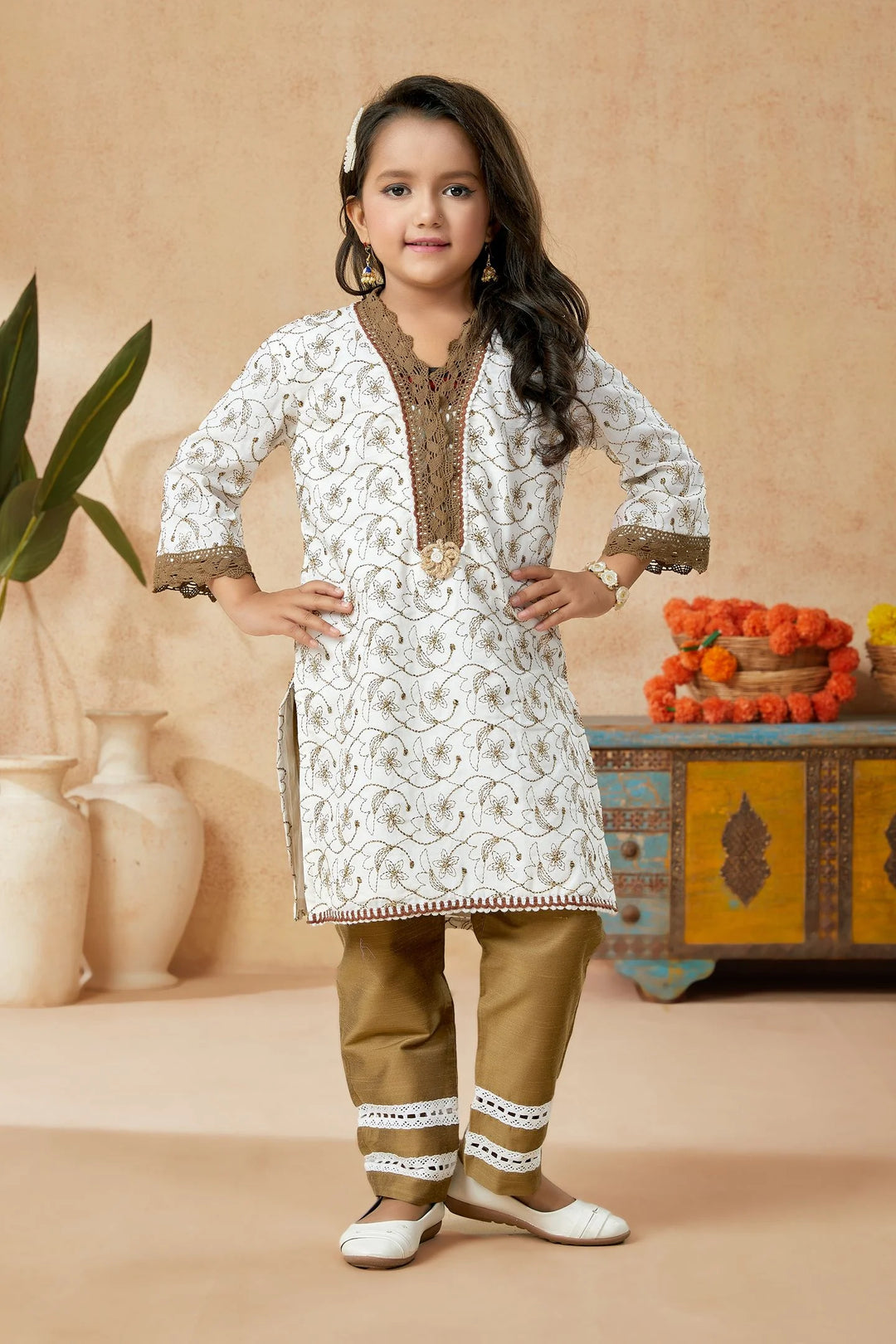 Off White Embroidered Cotton Straight Kids Salwar Suits