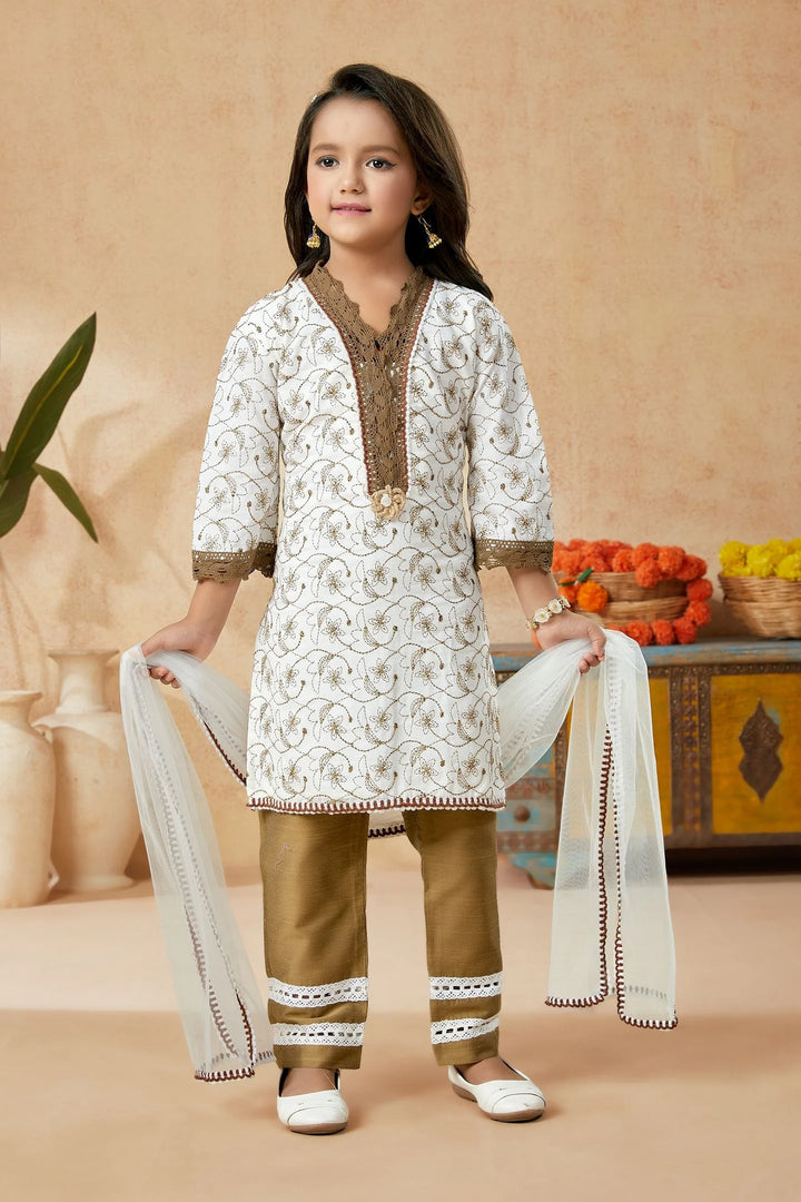 Off White Embroidered Cotton Straight Kids Salwar Suits