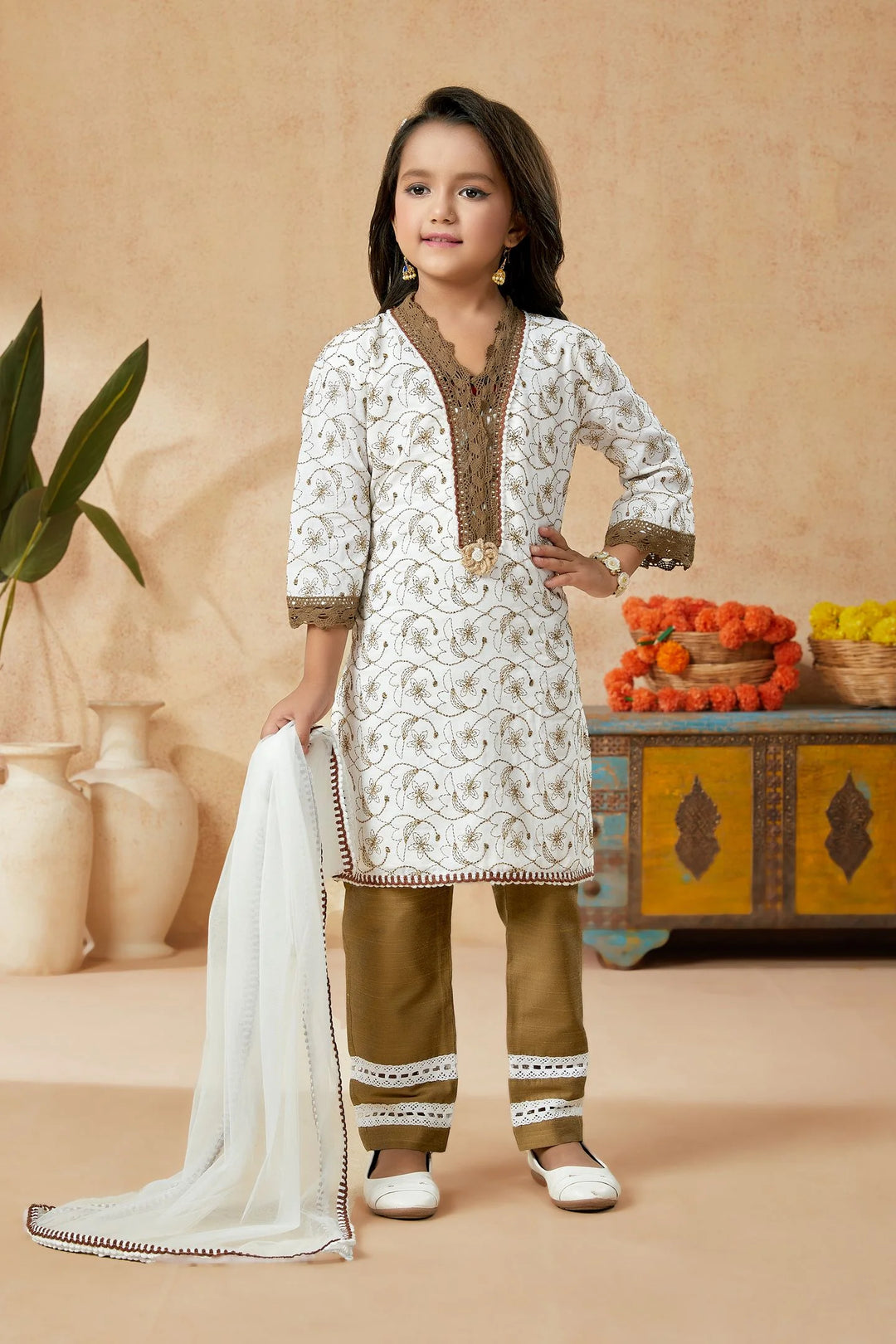 Off White Embroidered Cotton Straight Kids Salwar Suits