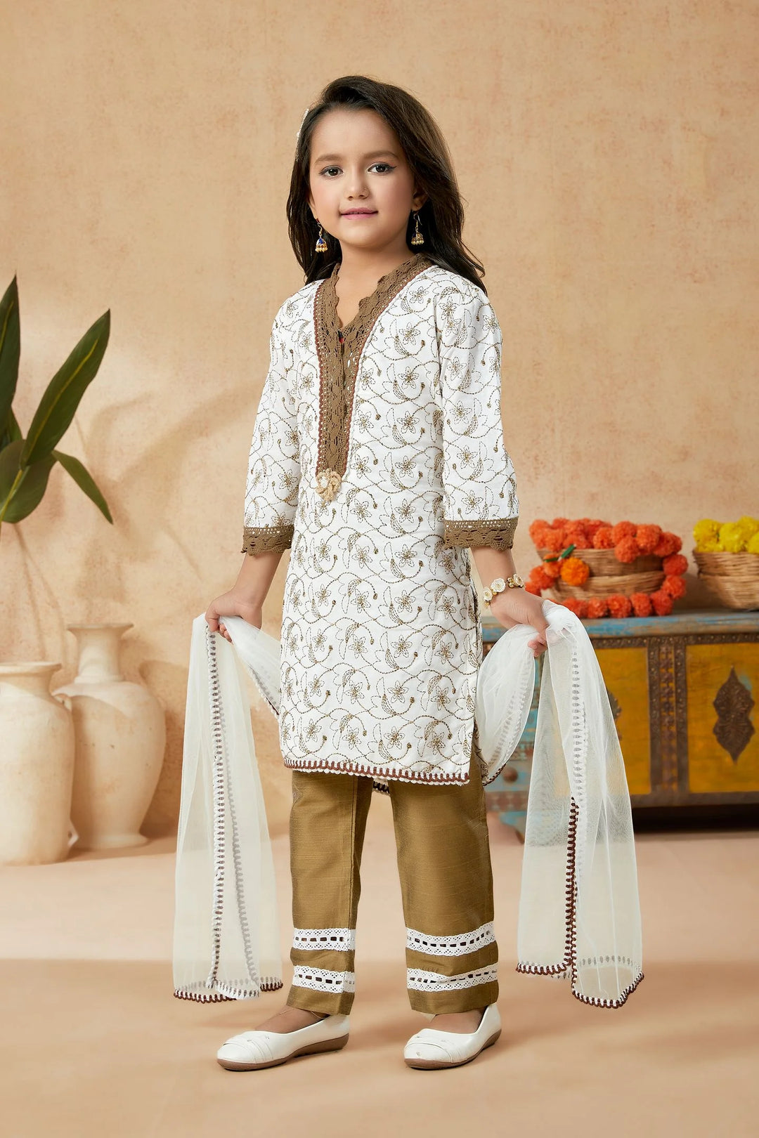 Off White Embroidered Cotton Straight Kids Salwar Suits