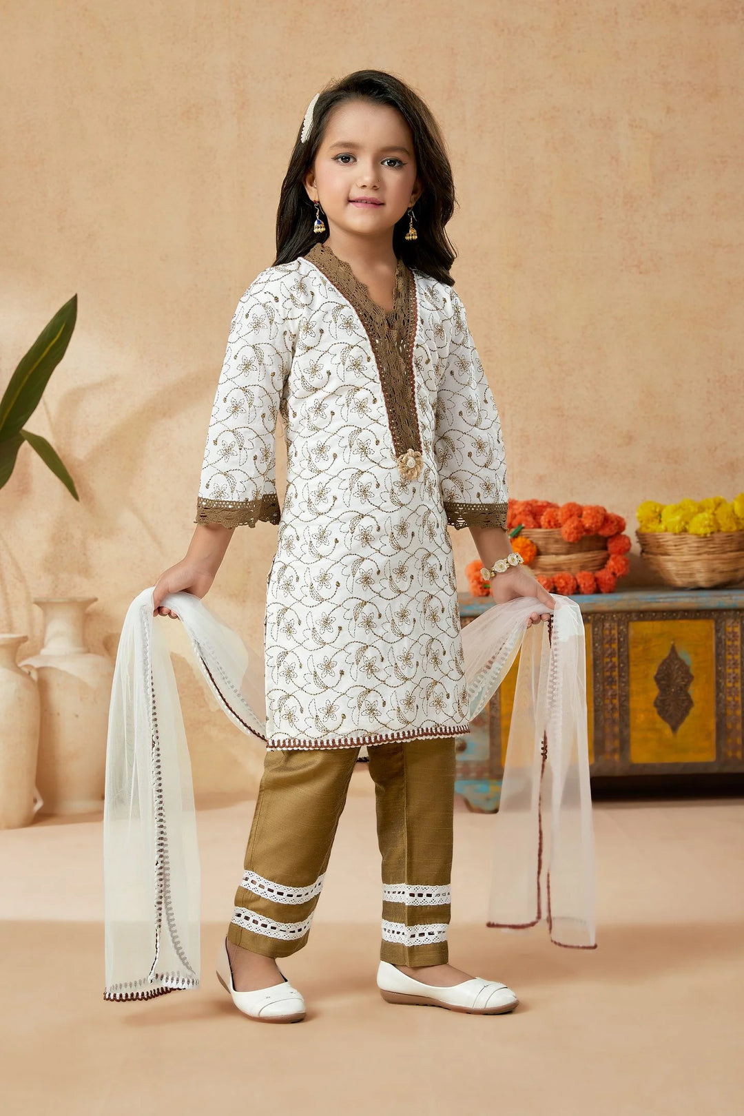 Off White Embroidered Cotton Straight Kids Salwar Suits