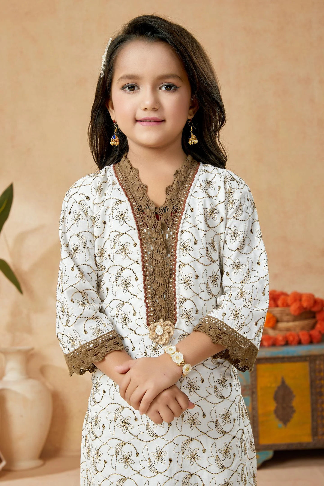 Off White Embroidered Cotton Straight Kids Salwar Suits