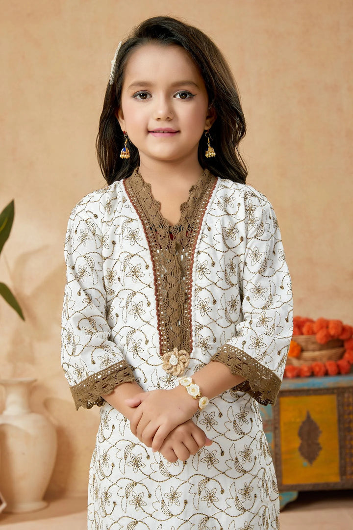 Off White Embroidered Cotton Straight Kids Salwar Suits