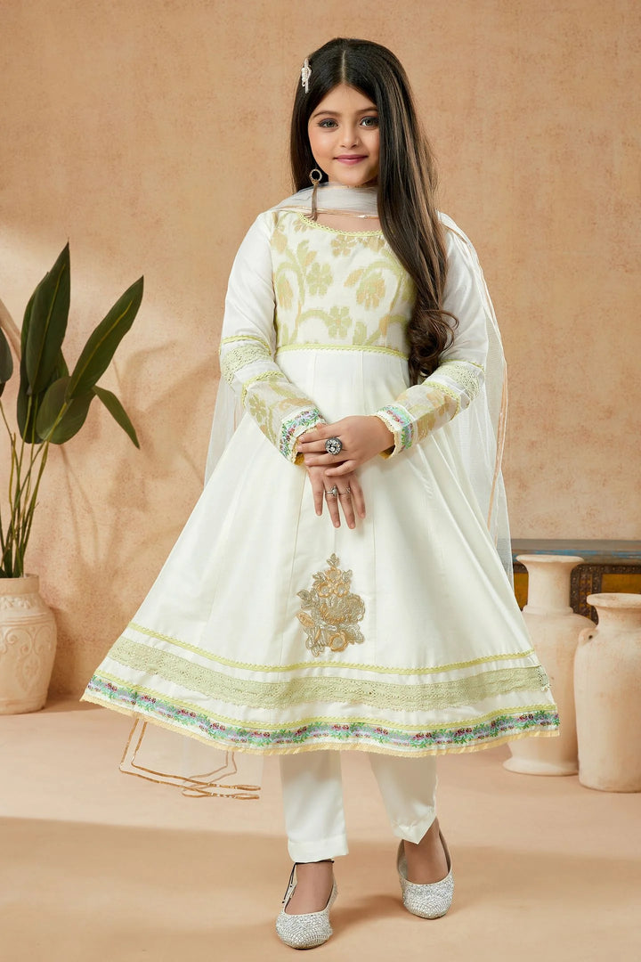Off White Embroidered Cotton Kalidaar Kids Salwar Suits
