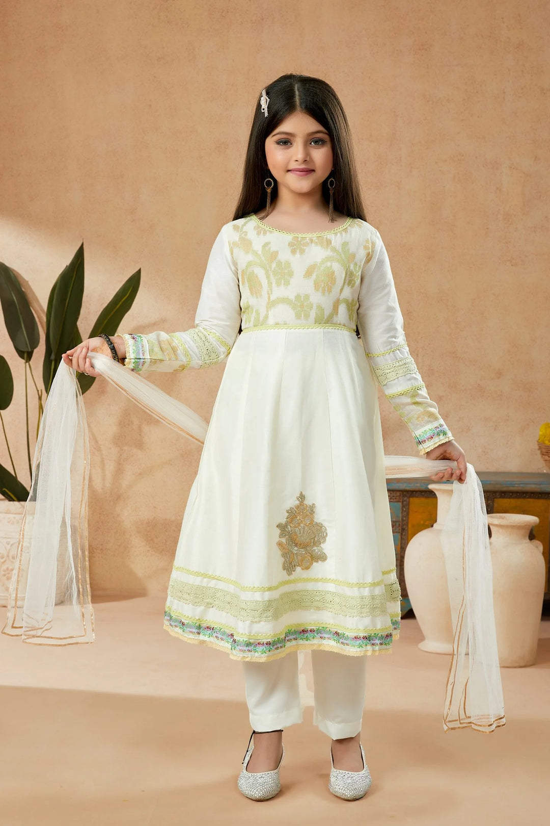 Off White Embroidered Cotton Kalidaar Kids Salwar Suits
