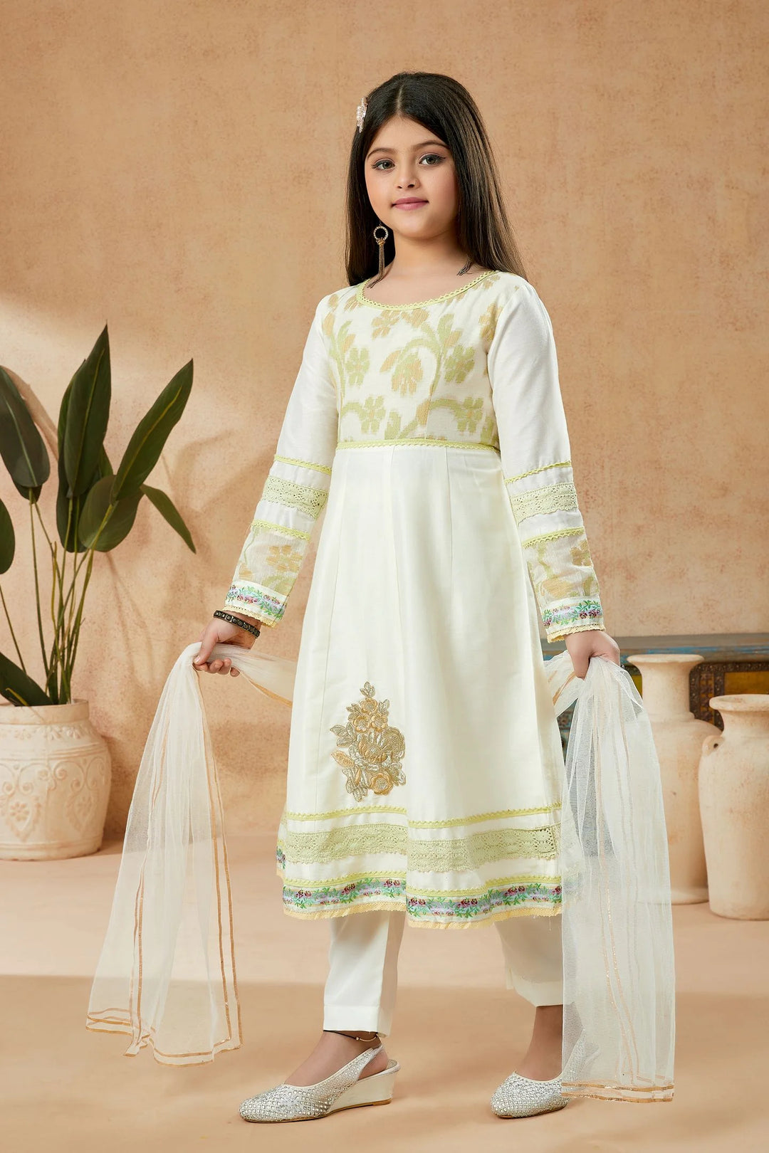 Off White Embroidered Cotton Kalidaar Kids Salwar Suits