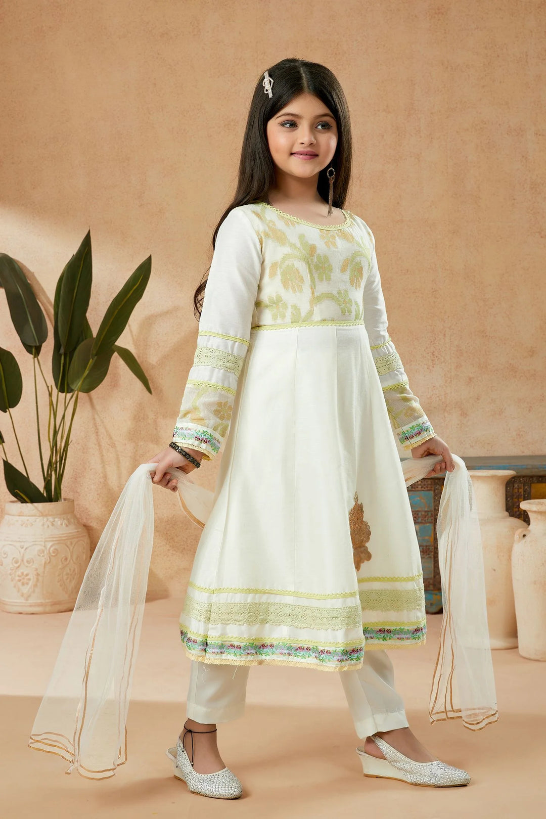 Off White Embroidered Cotton Kalidaar Kids Salwar Suits