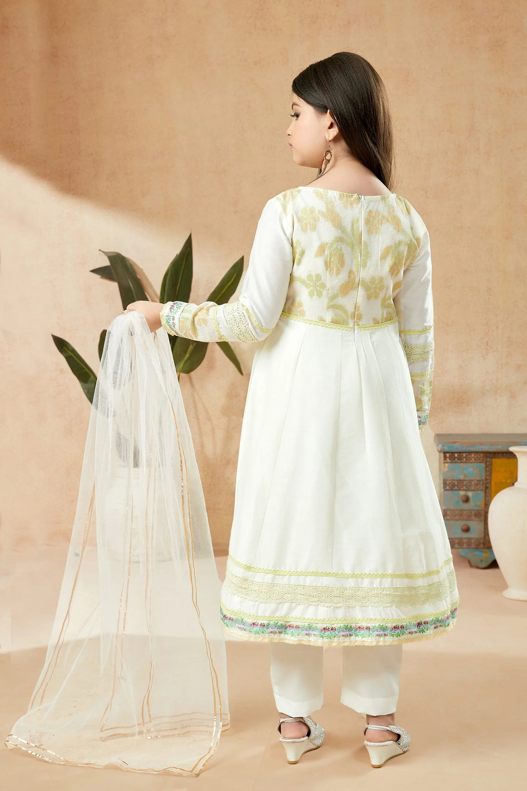 Off White Embroidered Cotton Kalidaar Kids Salwar Suits