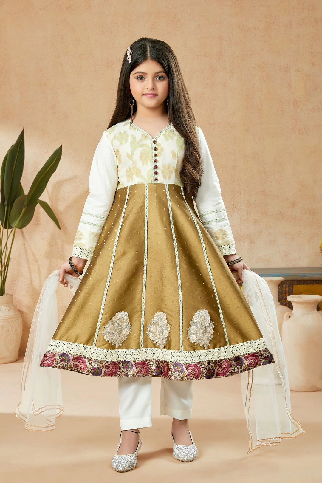 Brown Embroidered Banarasi Silk A Line Kids Salwar Suits