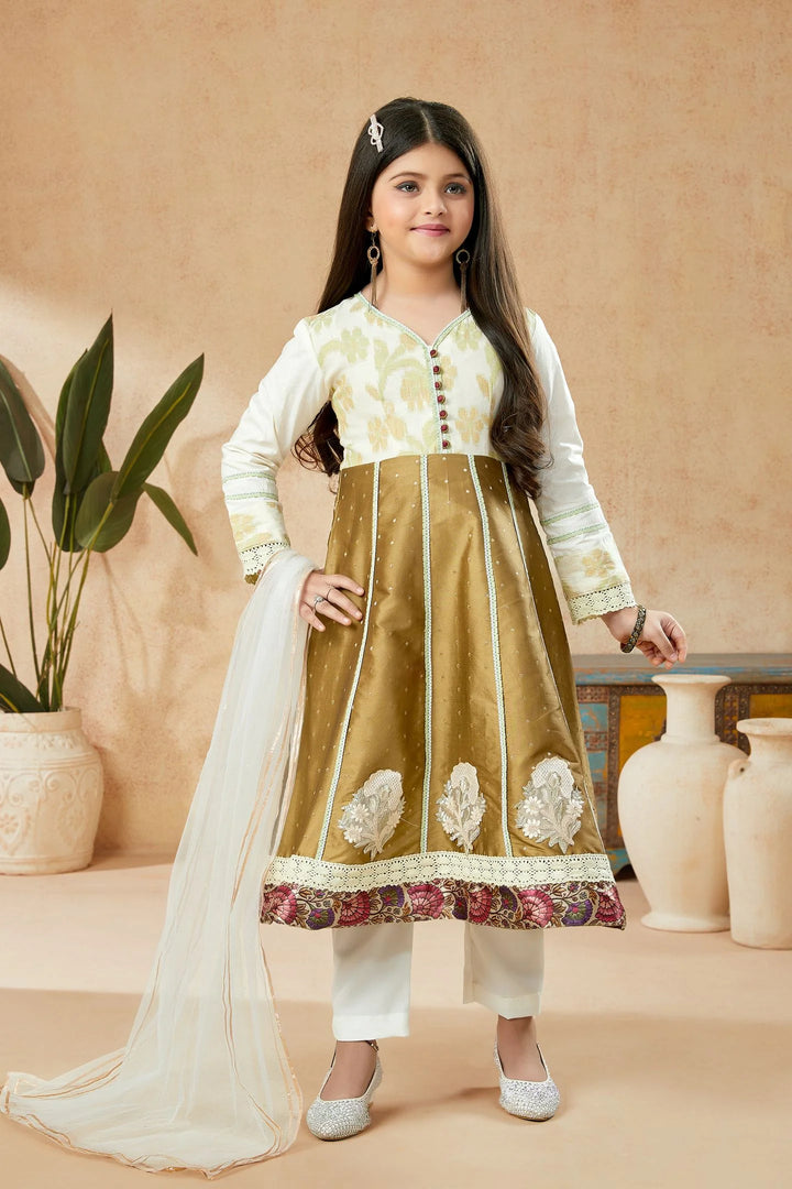 Brown Embroidered Banarasi Silk A Line Kids Salwar Suits