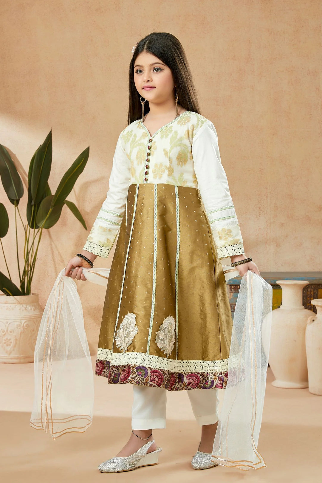 Brown Embroidered Banarasi Silk A Line Kids Salwar Suits