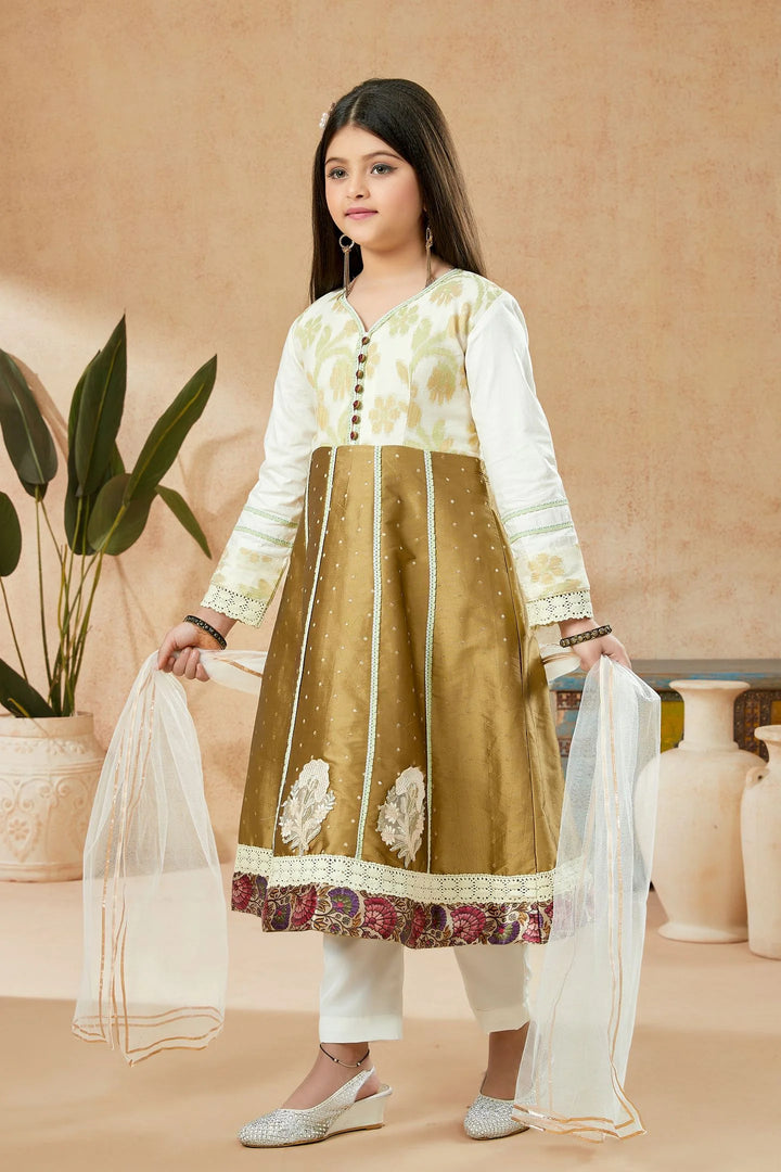 Brown Embroidered Banarasi Silk A Line Kids Salwar Suits