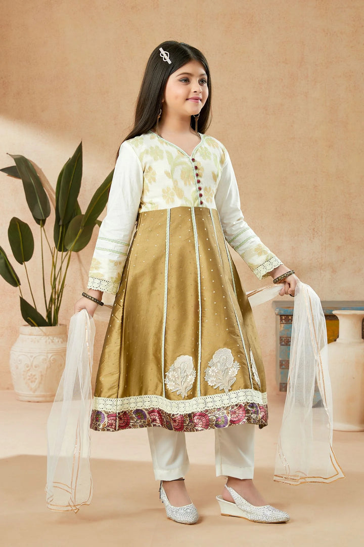 Brown Embroidered Banarasi Silk A Line Kids Salwar Suits