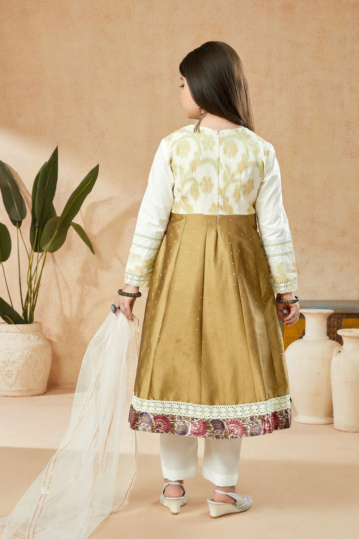 Brown Embroidered Banarasi Silk A Line Kids Salwar Suits