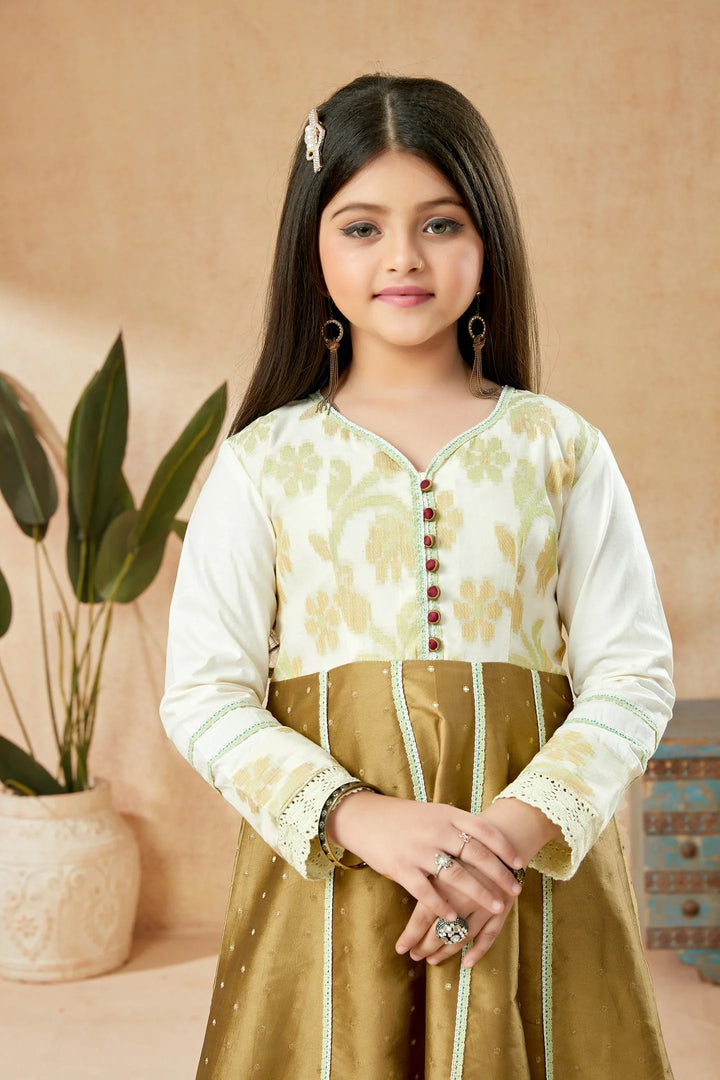 Brown Embroidered Banarasi Silk A Line Kids Salwar Suits