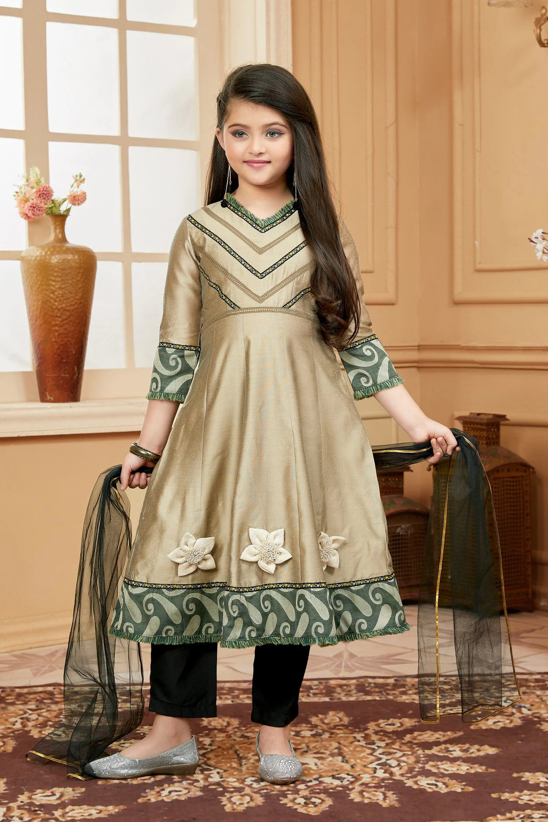 Beigish Brown Embroidered Banarasi Silk A Line Kids Salwar Suits