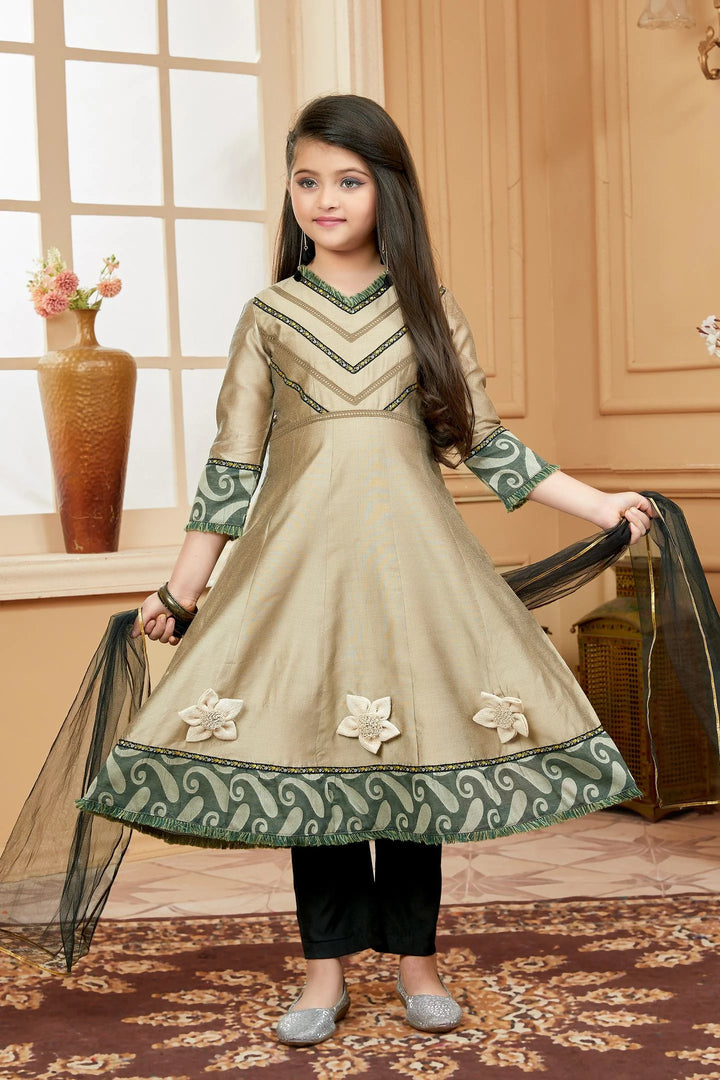 Beigish Brown Embroidered Banarasi Silk A Line Kids Salwar Suits