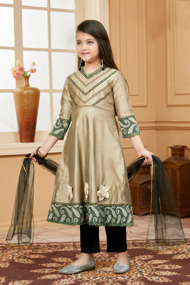 Beigish Brown Embroidered Banarasi Silk A Line Kids Salwar Suits