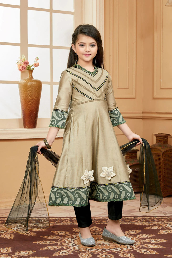 Beigish Brown Embroidered Banarasi Silk A Line Kids Salwar Suits