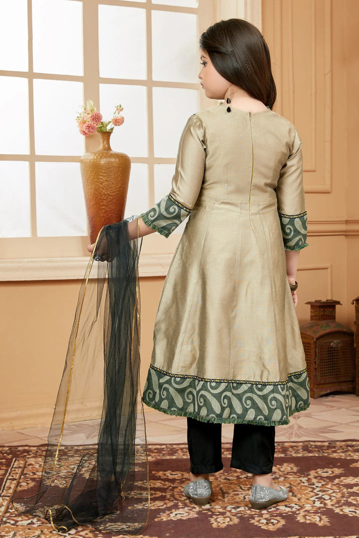 Beigish Brown Embroidered Banarasi Silk A Line Kids Salwar Suits
