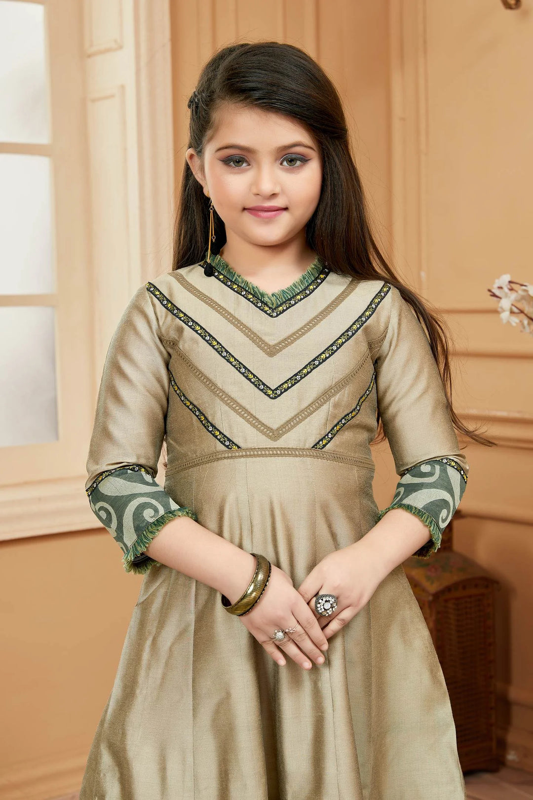 Beigish Brown Embroidered Banarasi Silk A Line Kids Salwar Suits