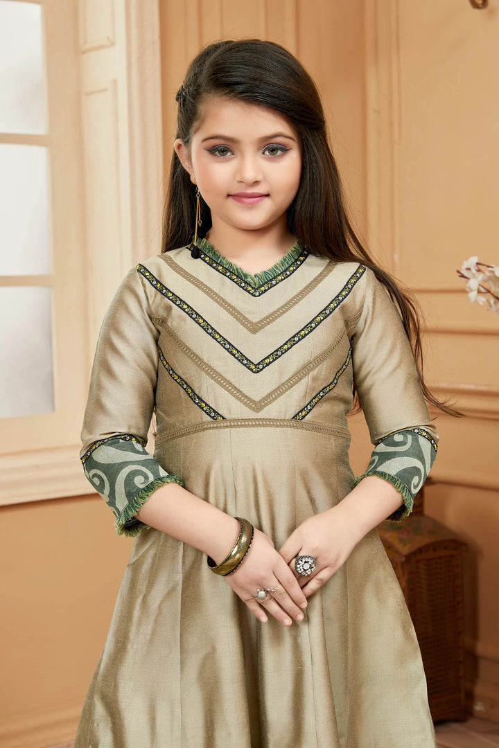 Beigish Brown Embroidered Banarasi Silk A Line Kids Salwar Suits