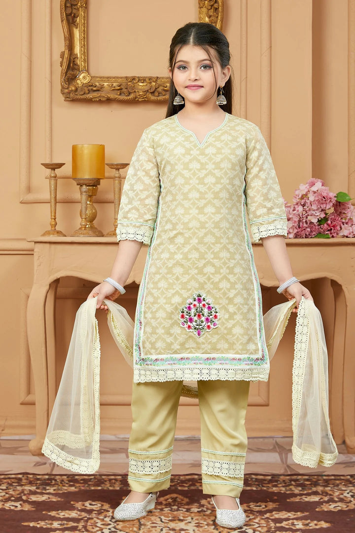 Beige Embroidered Cotton Straight Kids Salwar Suits